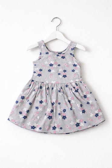 Grey floral-Baby sleeveless Frock