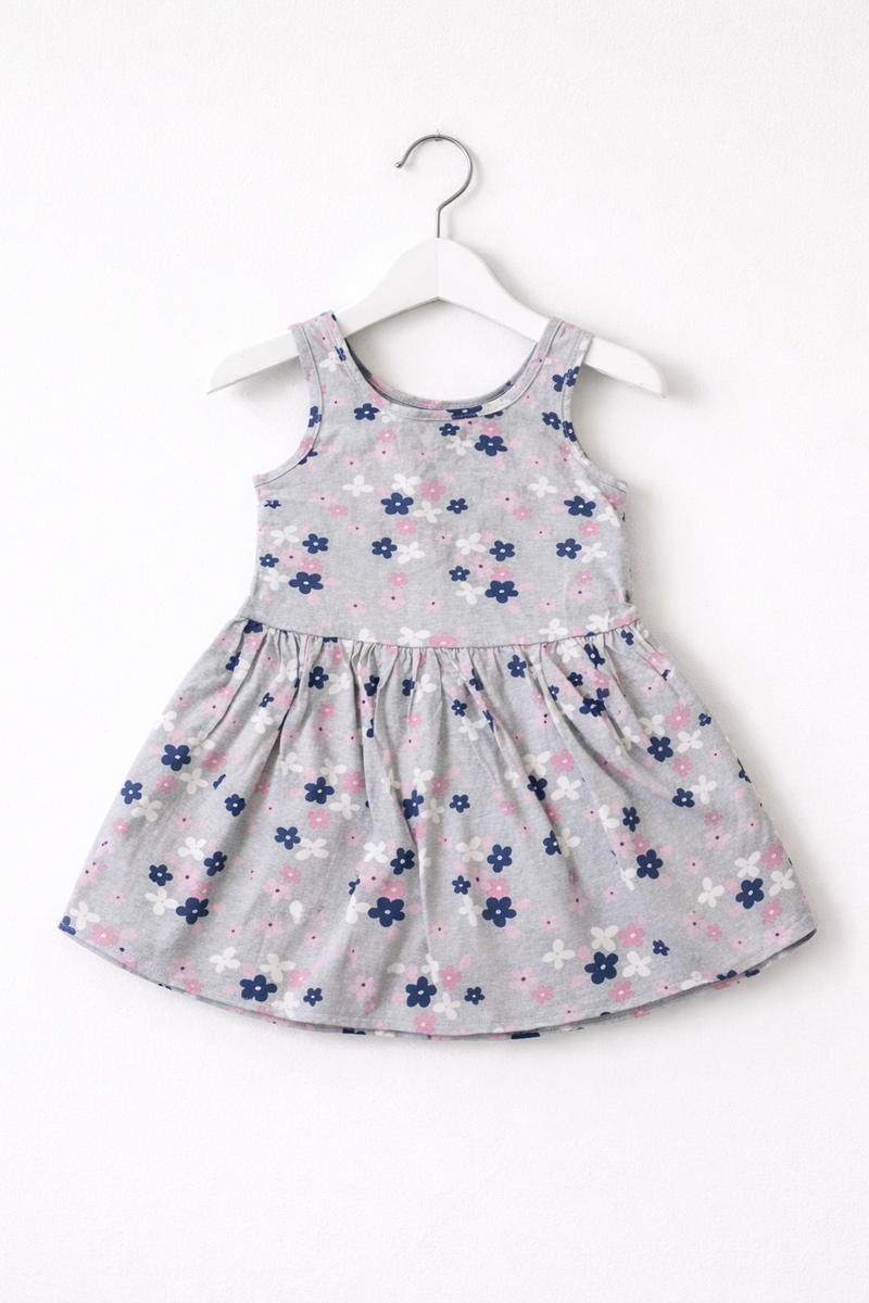 Grey floral-Baby sleeveless Frock