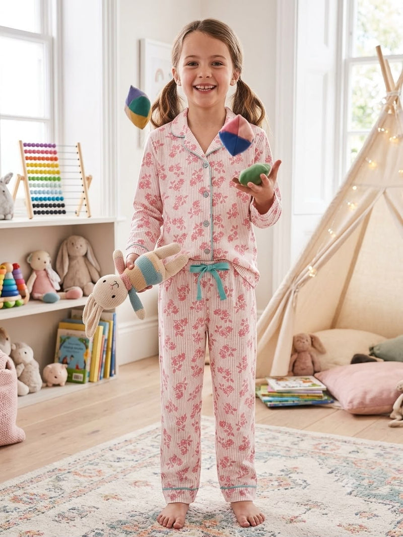Kids Collar Night Suit -light pink leaf 🌿