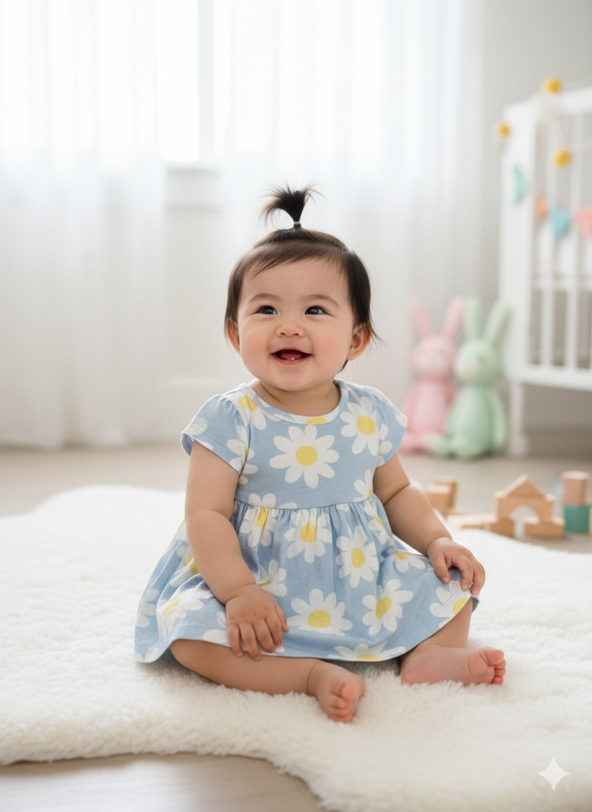 Sky blue with white flower - onesies frock