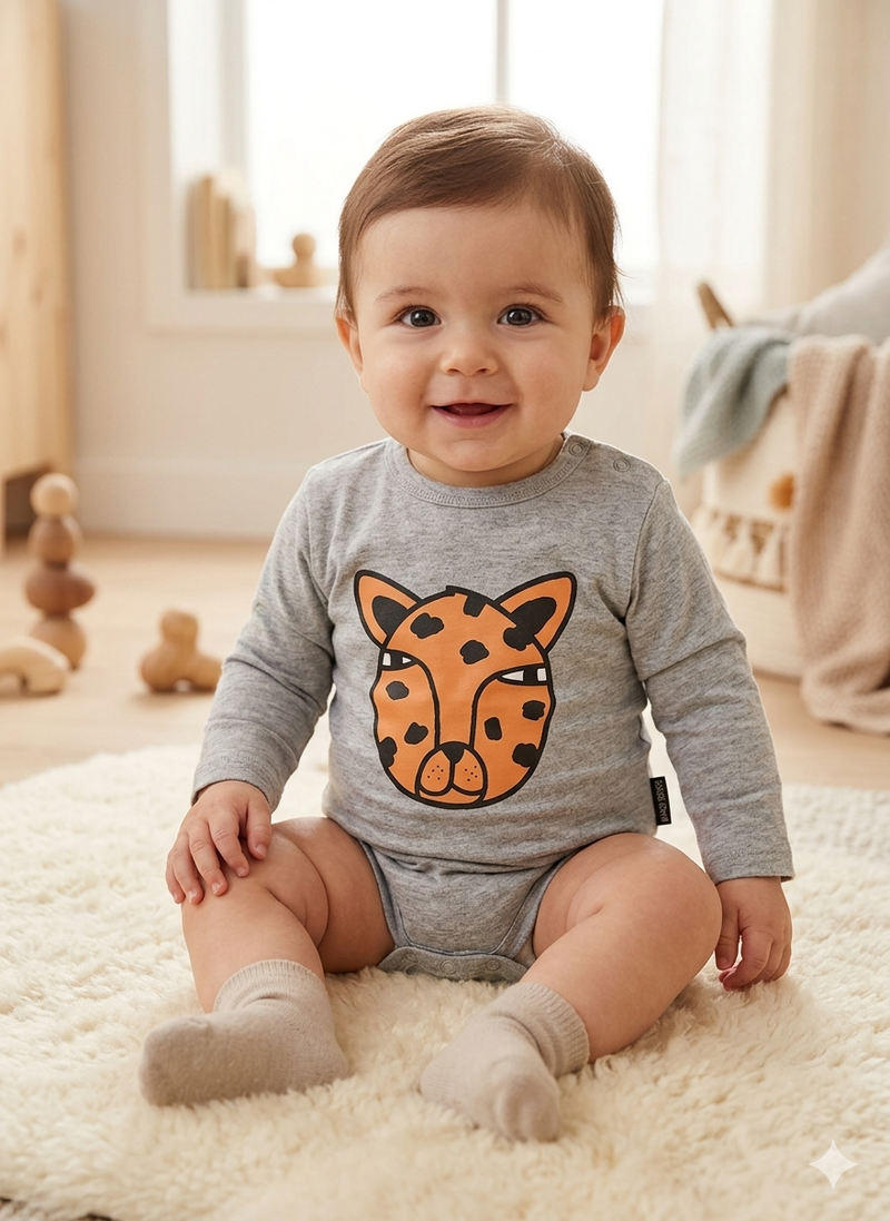Grey cheetah print full sleeve - baby romper