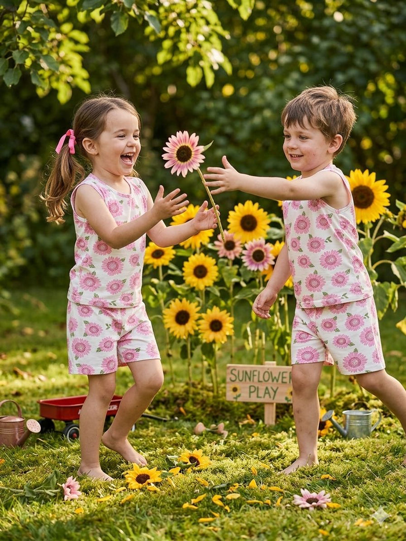 White with pink flower - Sleeveless co-ords