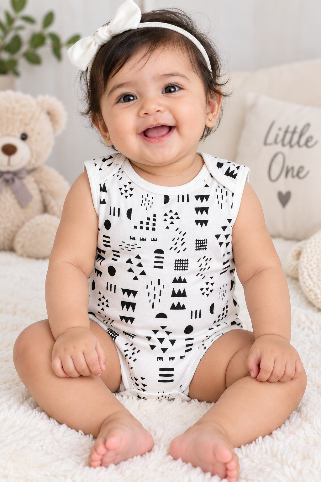 White base shapes print baby romper