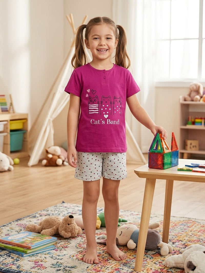 Pink Cats bond -Kids half Sleeve shorts Set