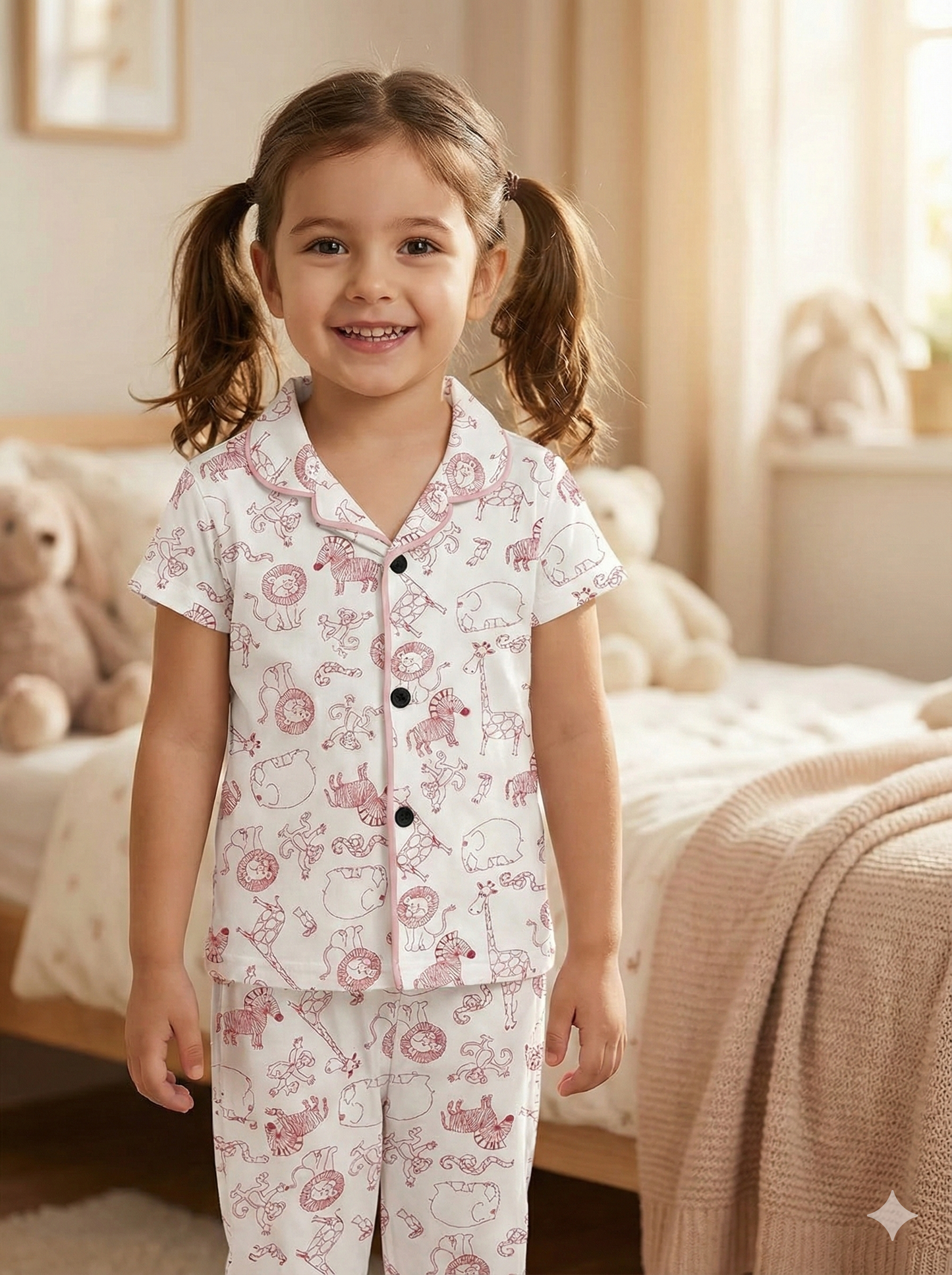 Kids Collar Night Suit - White animals