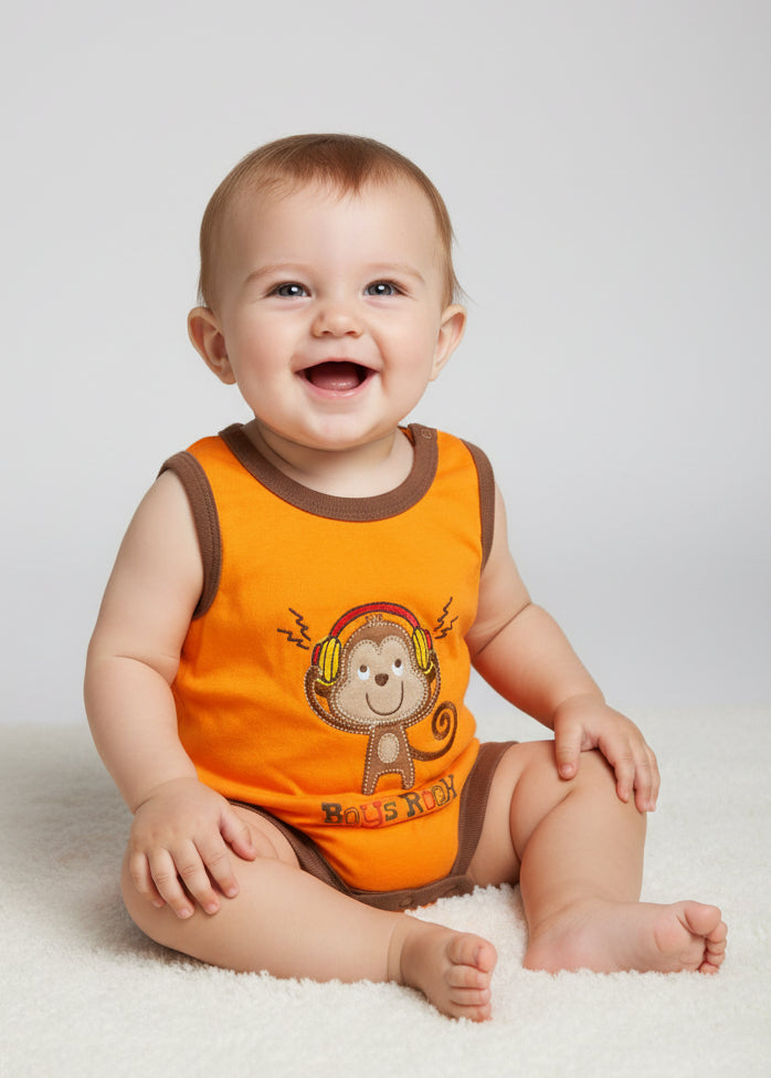 Orange with monkey 🐒-Baby Romper