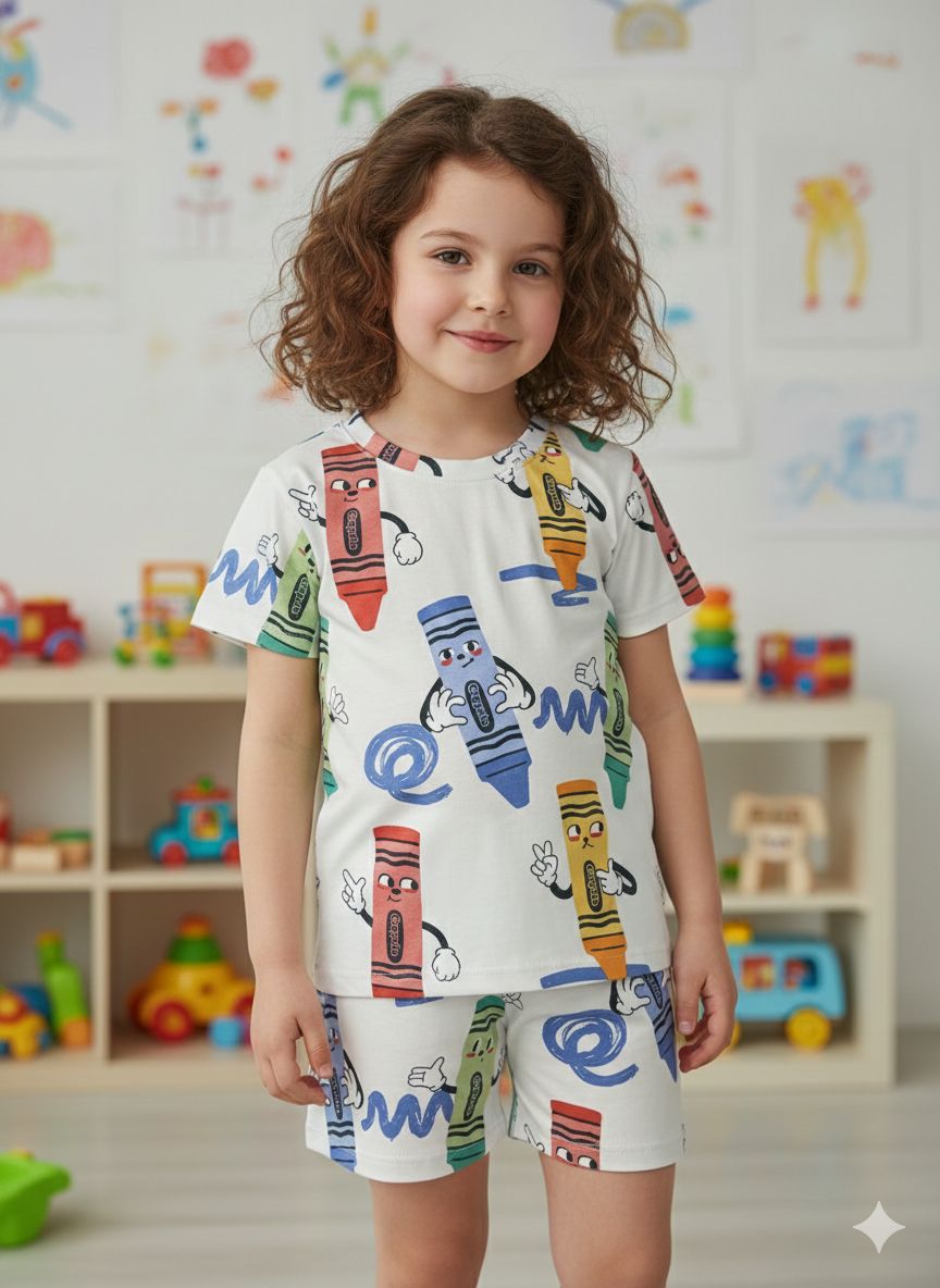 White crayola-Half sleeve Shorts Set