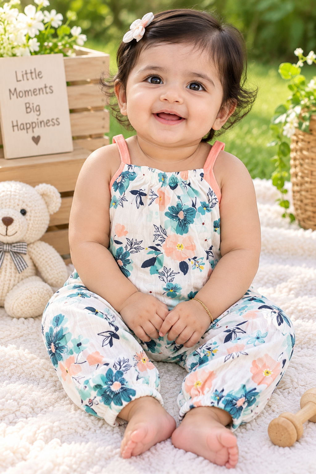Off-White with Teal Blue, Peach & Mint Green Floral Print half jumpsuit