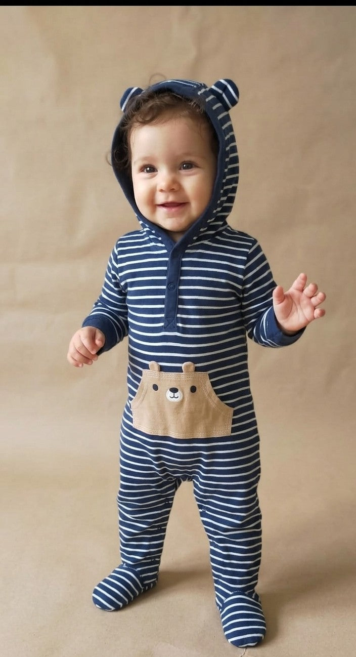 Dark blue and white line teddy 🐻‍❄️ hoodie Baby High quality jumpsuit