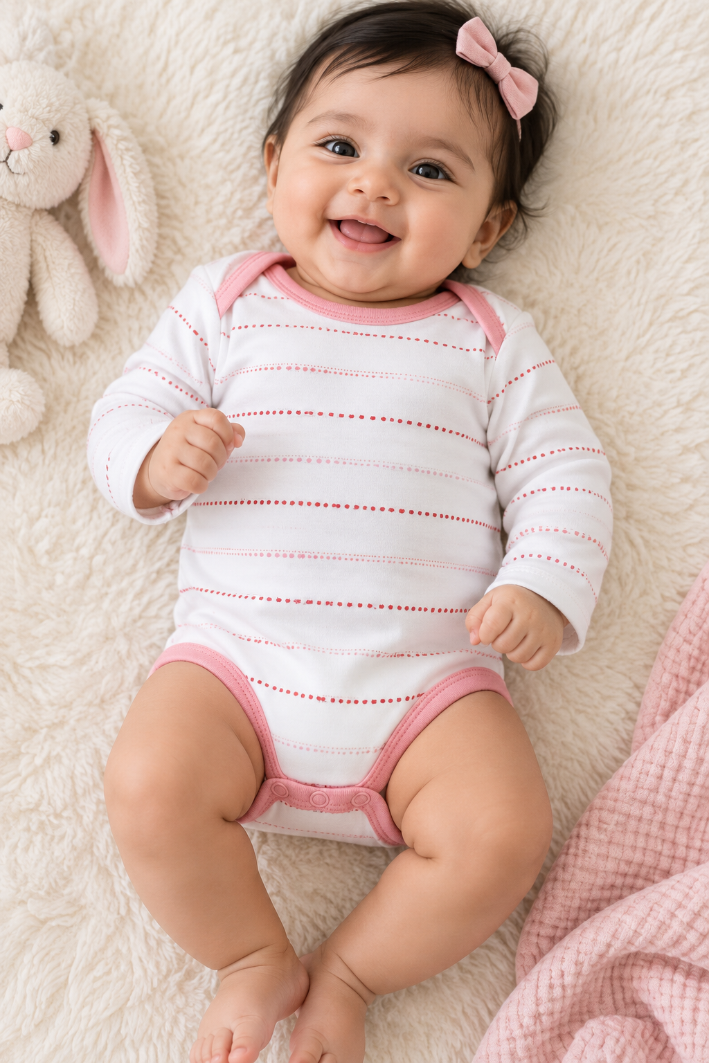 Half white base pink stripes baby romper