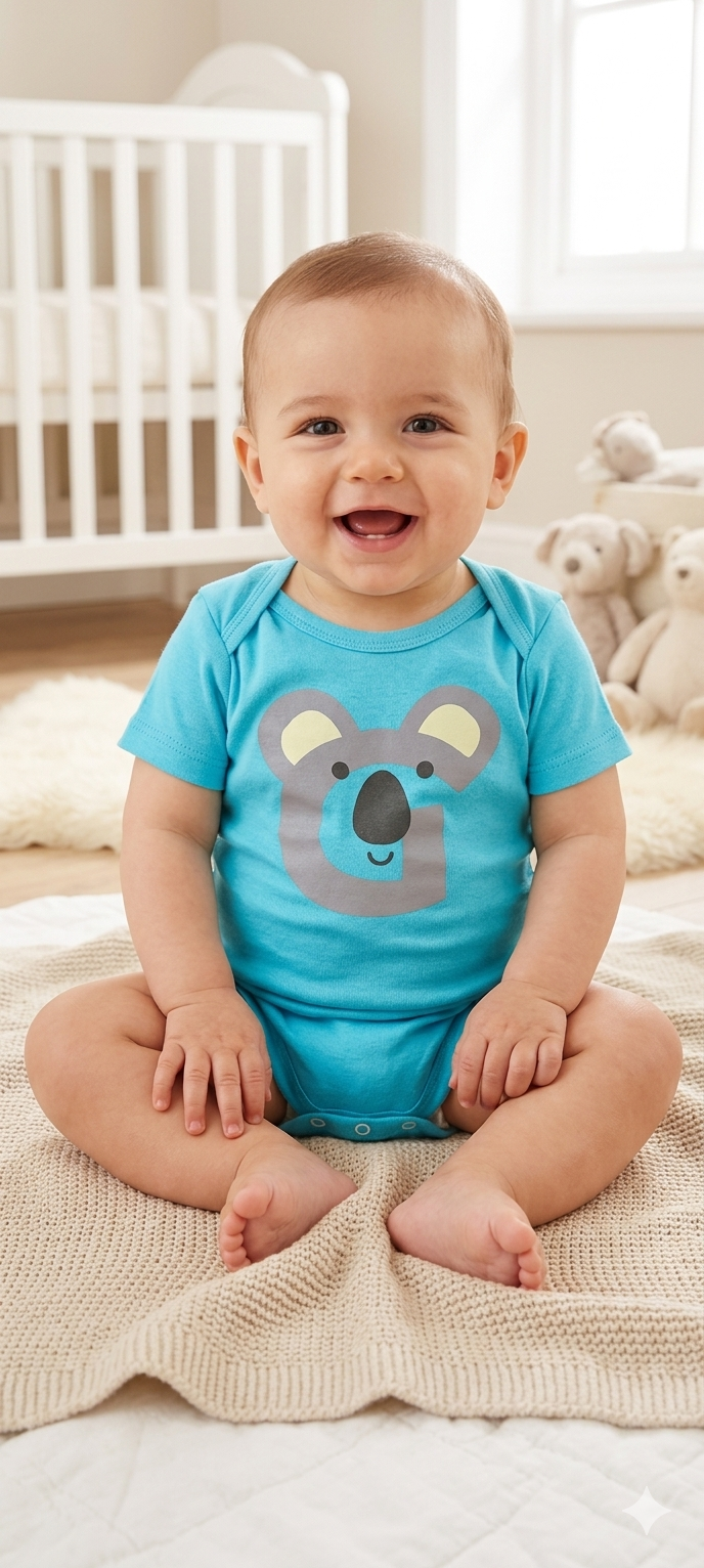 Sky blue with teddy face - baby romper